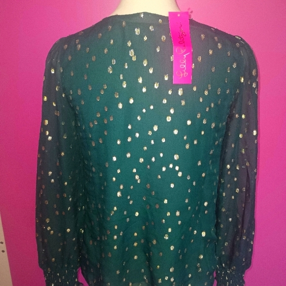 Lilly Pulitzer Green & Metallic Gold "Idina" Silk Blouse (NWT!) - Picture 8 of 10